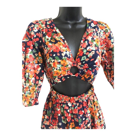 Red orange floral multi midriff cut out cotton v-neck midi dress size medium new - Picture 5 of 16